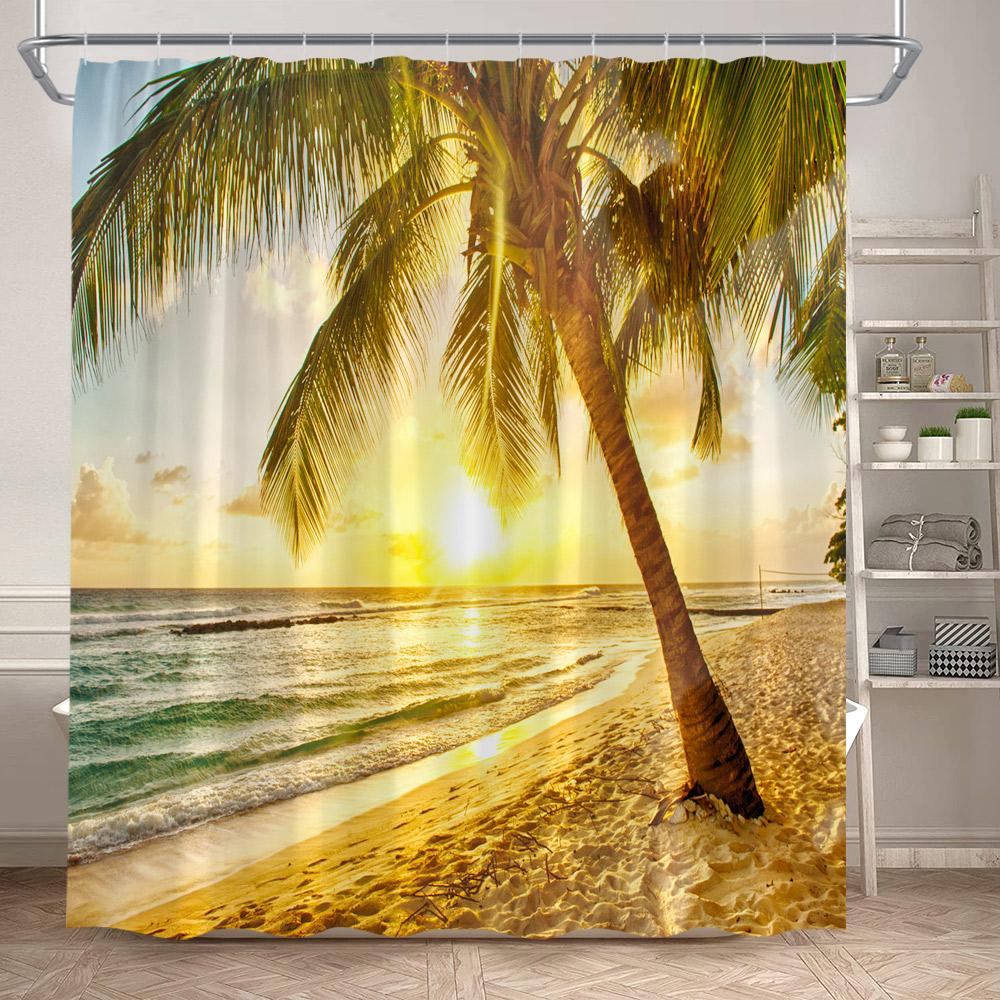 Hawaii Beach Shower Curtain Tropical Palm Leaves Blue Ocean Summer Holiday Nature Scenery Bathroom Curtains Polyester Home Decor