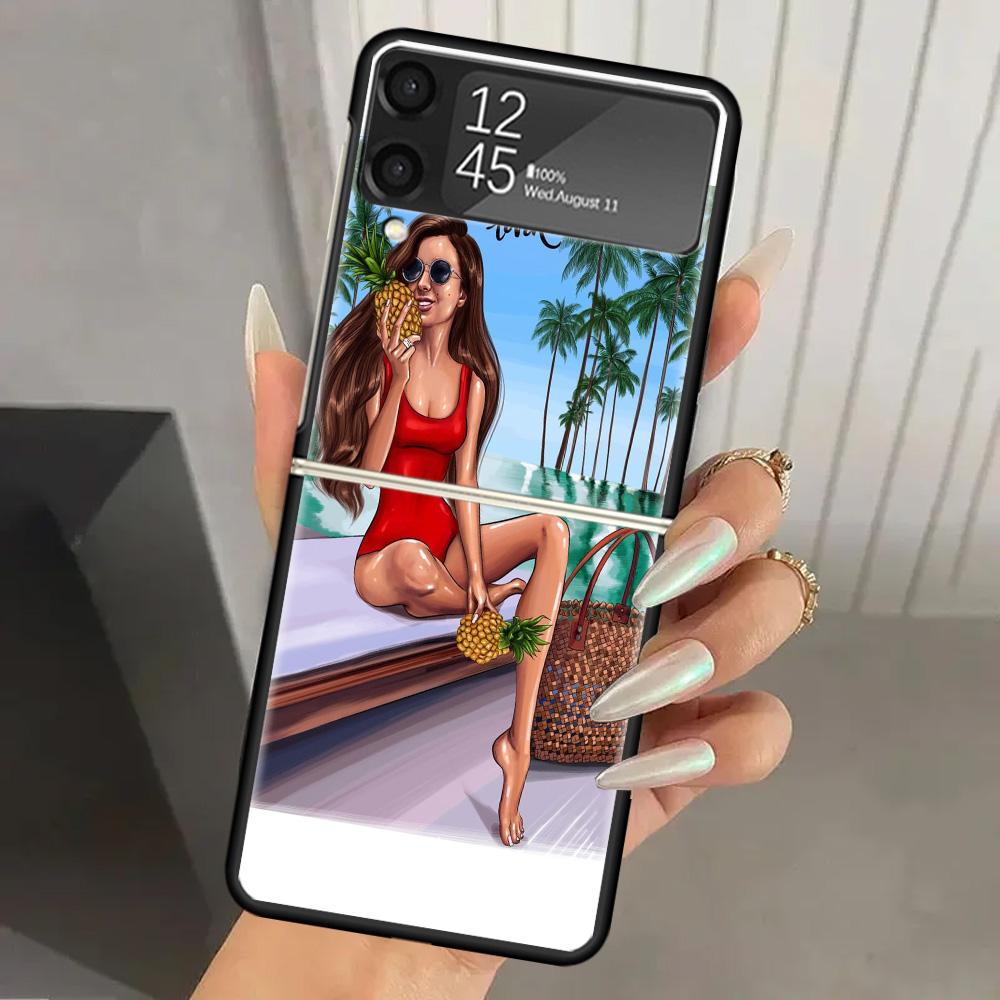 Girl Flamingo Summer Beach Hard PC Phone Case For Samsung Galaxy Z Flip 6 5 4 3 Black Cover ZFlip6 Flip5 Flip4 5G Foldable Print