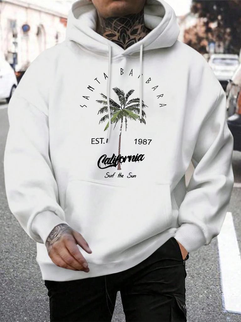 Galafonia Coconut Palm Santa Barbara Print Men Hoodie Pocket All-Match Hoody Loose Casual Man Pullovers Autumn Fleece Clothing