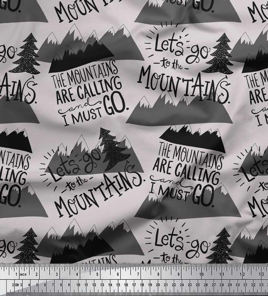 Soimoi Gray Japan Crepe Satin Fabric Mountains & Text Printed Fabric 1 Metre 42 Inch