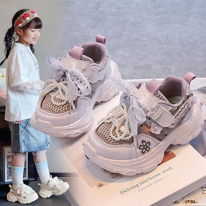 Girls Princess Sneakers Sweet Lace Beading Bows Children Sports Shoes Mesh Breathable Autumn New Kids Running Shoes Soft