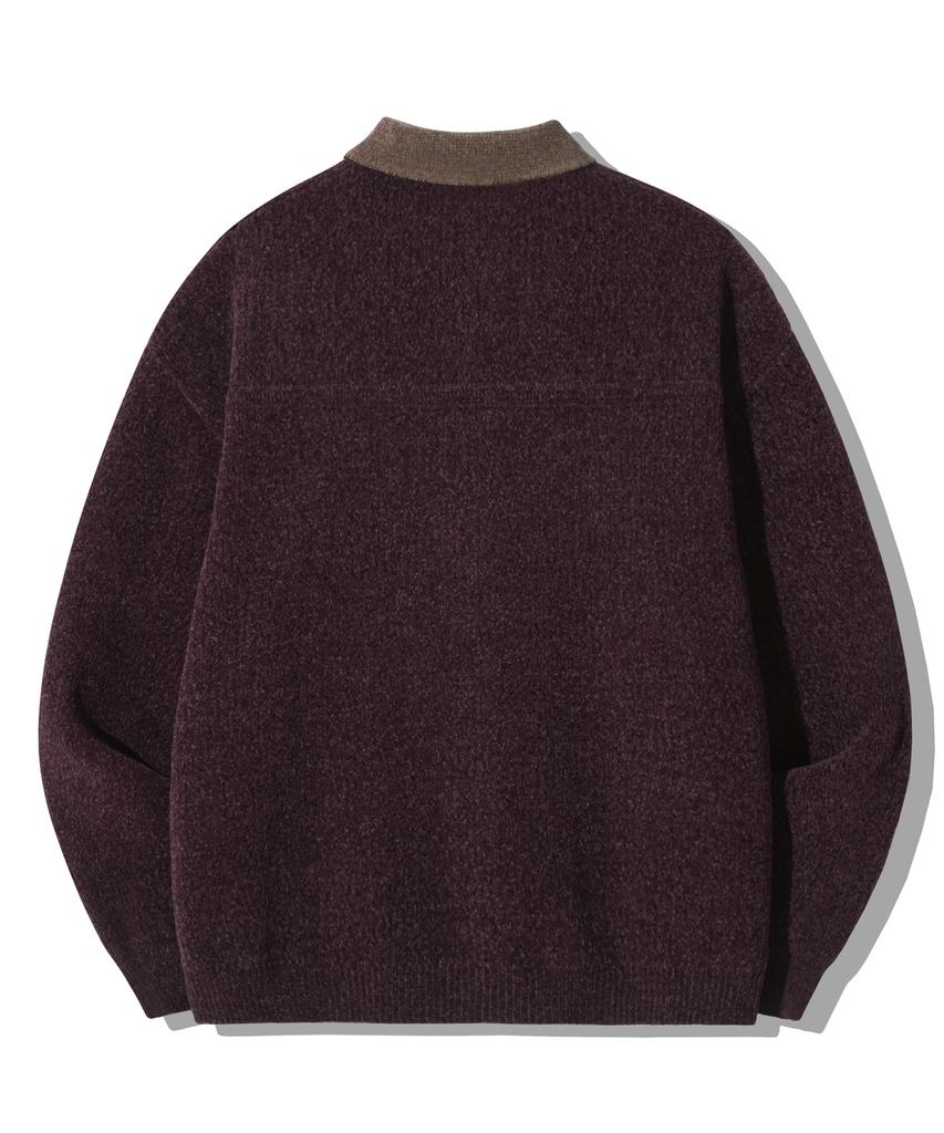 TRILLION Color Work Collar Zip-Up Knit Jacket [Purple Brown]