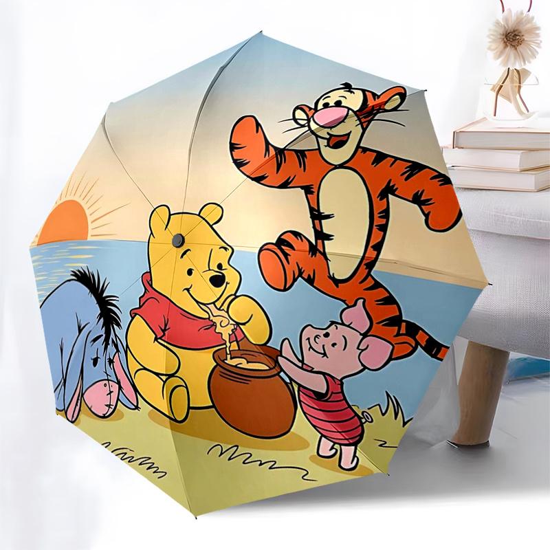 Ombrello da Viaggio a Tema Winnie the Pooh e Amici - 8 Stecche, Apertura e Chiusura Automatiche, Design Pieghevole Portatile, Ombrello Compatto ed Elegante