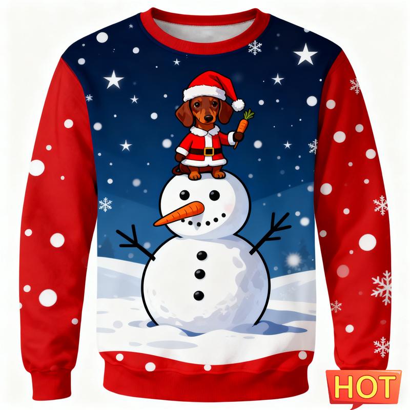 2026 New Dachshund Graphic Ugly Christmas Sweater Fashion Cute Dog 3D Printed Xmas Sweatshirts Loose Breathable Unisex Pullovers