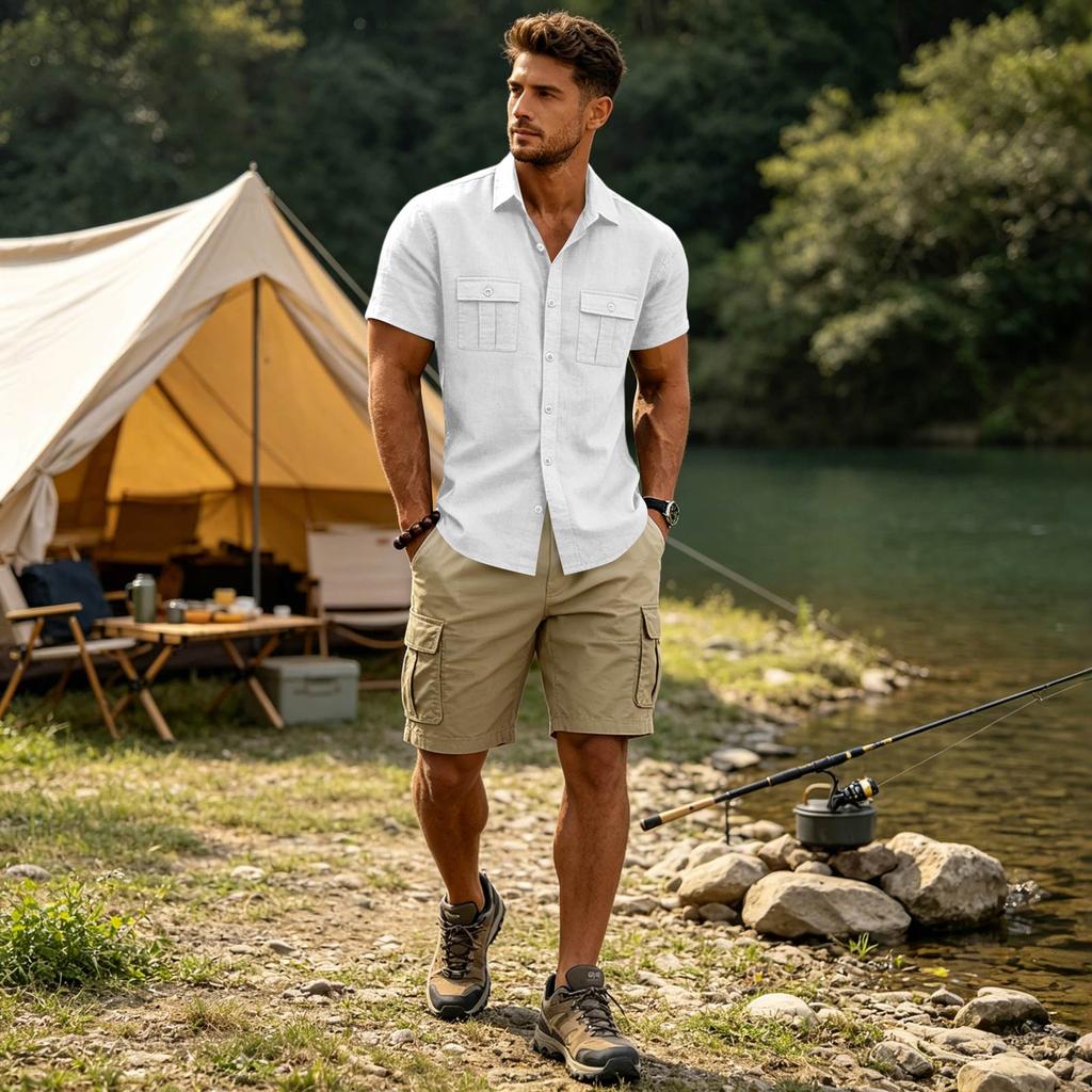 Men's Short Sleeve Work Shirt with Two Pockets Cotton Linen for Casual Everyday Wear