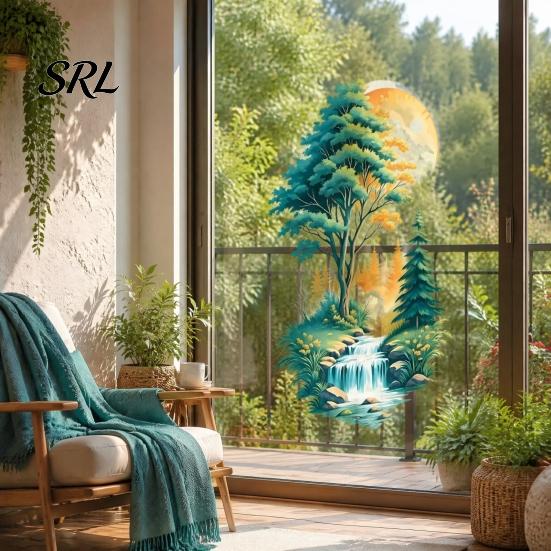 Removable Nature Scene Wall Graphics Mountain Forest Waterfall Scenery Sticker, PVC Waterproof Mural, Peel And Stick Art Soft Decoration for B&B Decor