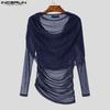 INCERUN Camisetas Tops de Fiesta Clubwear de Malla con Brillo y Volantes de Capas para Hombre con Cuello Swing y Manga Larga