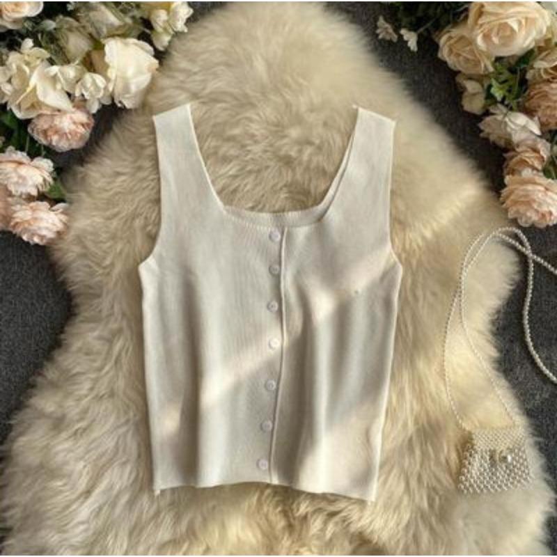 Summer New Korean Version of Simple Knit Sleeveless Jacket Buttons Carefully Machine Solid Color Short Small Vest Women