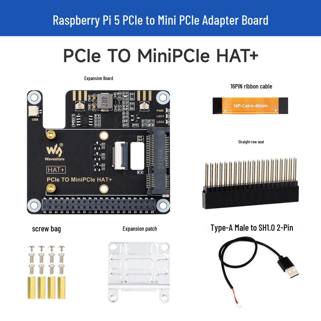 Raspberry Pi 5th Gen PCIe to MiniPCIe HAT Adapter for Wireless Network & USB Bluetooth (Driverless)