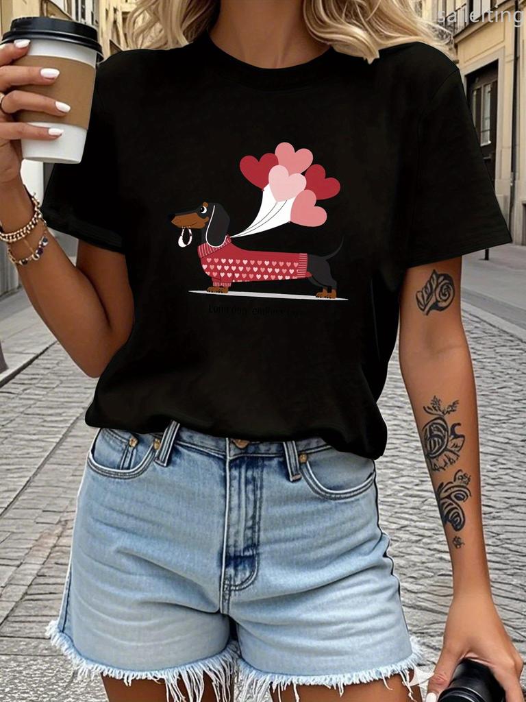 Teediy Dachshund Balloons Long Dog Endless Love Pure Women'S T-Shirt Comfort Women's Harajuku Sleeve Casual Aesthetic Clothes