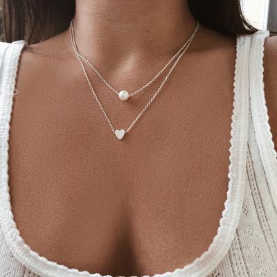 Wish Fashion Pearl Love Double Layer Integrated Necklace Accessories Women