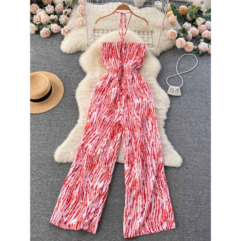 Spring and Summer New Holiday Travel Hot Street Tie-Dye Sling Fashion Chiffon Drape Halter Wide Leg One-Piece Long Pants