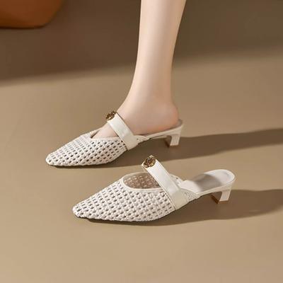 Fashion 2025 Summer New Woven Sandals One-word Strap Niche Hollow-out Baotou Cool-drag Commuter Fashion Low-heeled Slippers