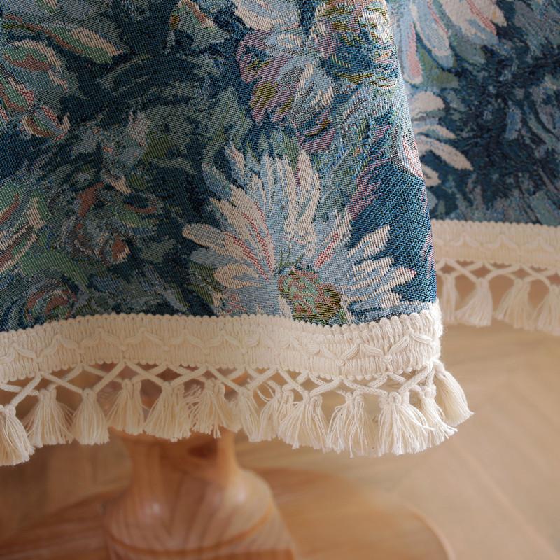 Vintage Polyester Cotton Color Woven Jacquard Oil Painting Blue Daisy Cross Fringed Tablecloth Round Coffee Table Tablecloth Dining Table Cloth