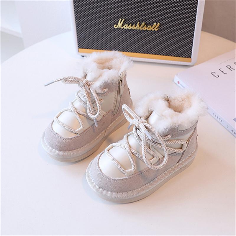 

Winter Children Snow Boots Leather Warm Plush Toddler Boys Shoes Non-slip Baby Girls Boots 1-6 Years 23 бежевый