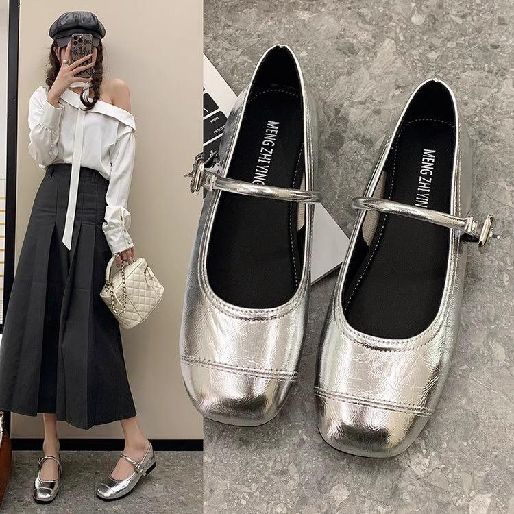 Silver Mary Jane light mouth single shoes women's spring new Korean version square head French fairy style soft sole Doudou shoes
