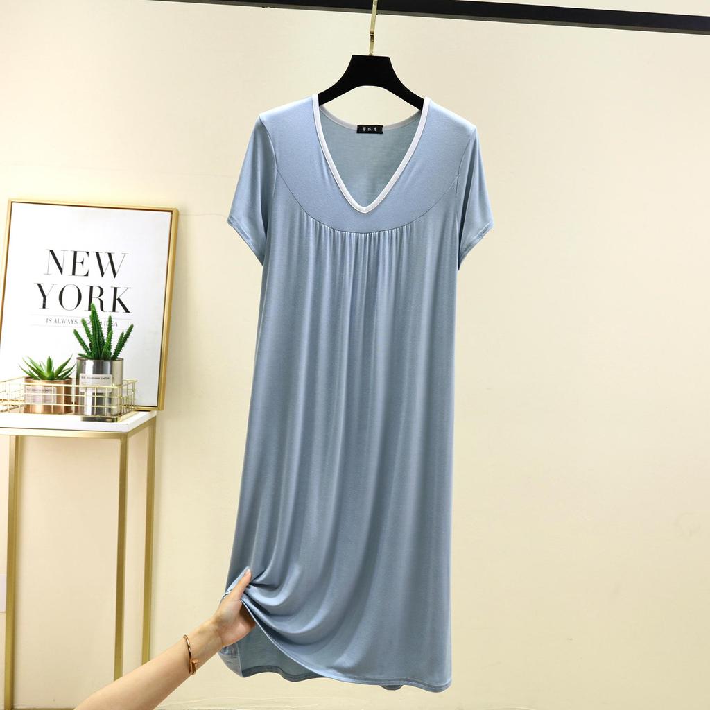 Übergröße M bis 6XL Modal V-Ausschnitt Nachthemd Sommer Damen Locker Hauskleid Einfarbig Lässig Langes Nachthemd Komfort Hauskleidung