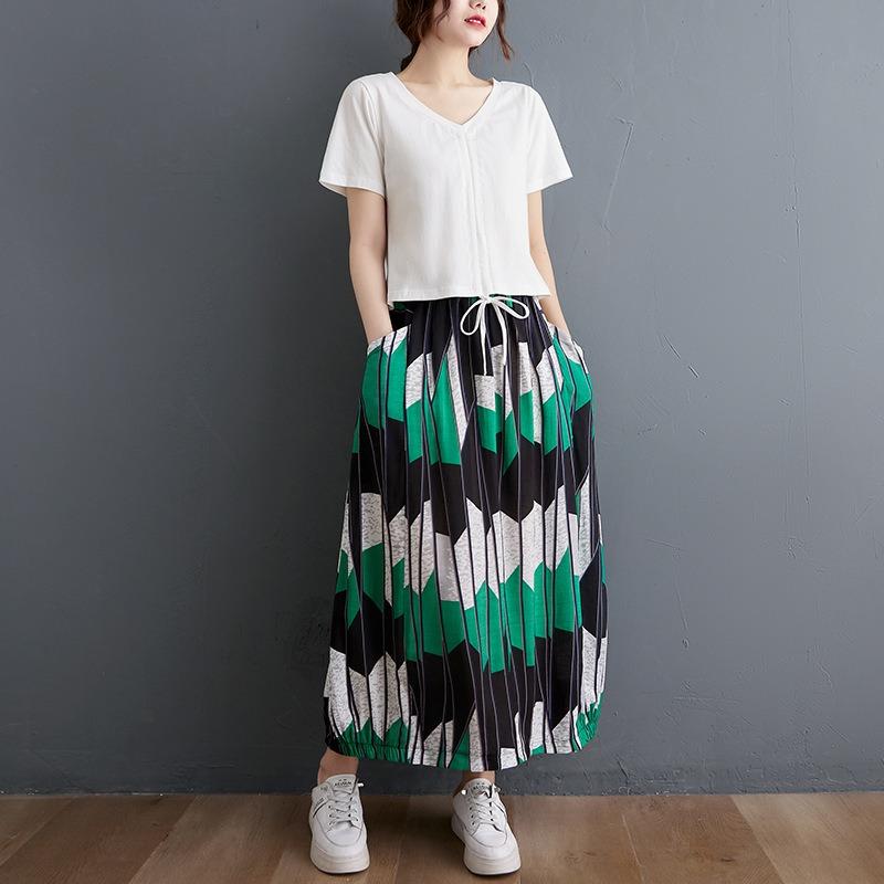 Real Shot Summer New Literary and Retro Loose and Thin Elastic Waist Skirt Women's Medium and Long