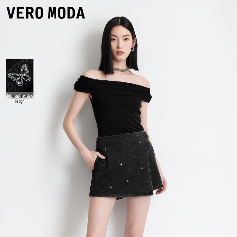 VEROMODA Women s 2026 Summer Rhinestone Patch Pocket Denim Skirt Shorts M