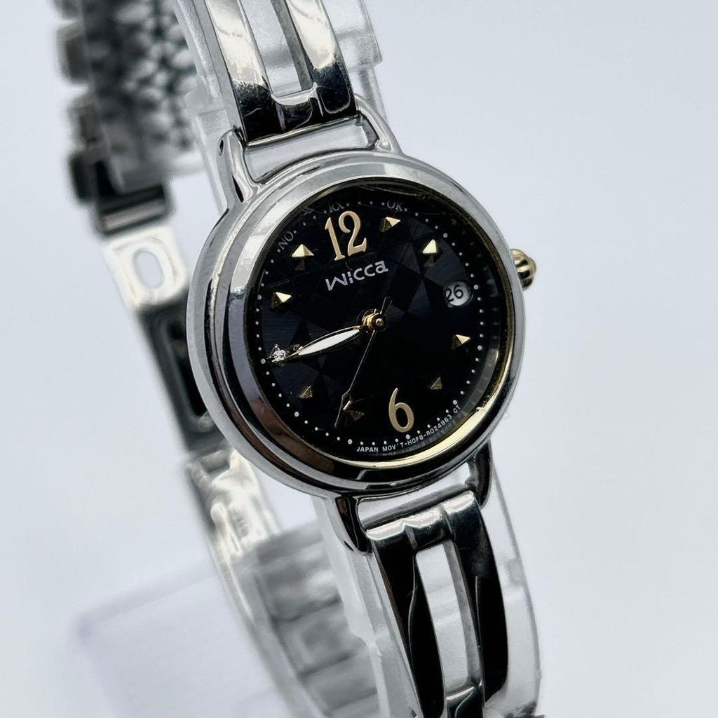 Used CITIZEN wicca solar radio clock diamond ladies black dial watch