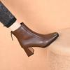 French retro style women's leather square toe high heels with metal toe caps and thickened insulation inside short boots