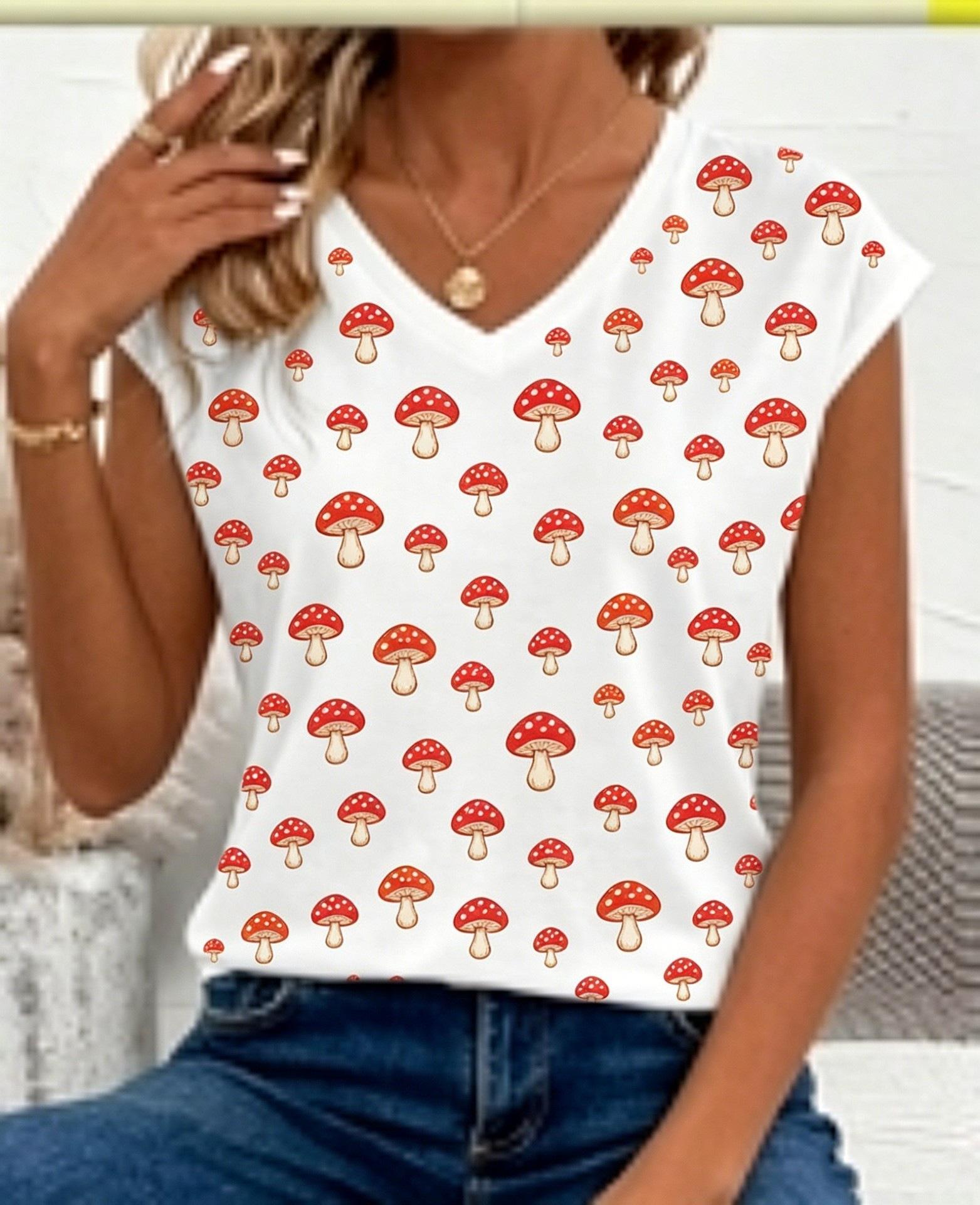 Mushroom print V-neck sleeveless T-shirt women s summer casual loose vest top S