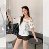 White Graffiti Letter Printing Slanted Shoulder Short-sleeved T-shirt Women's Summer New Design Off-the-shoulder Loose Top