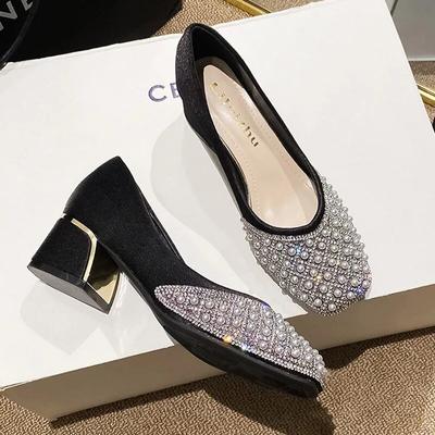 Luxury Designer Women Fashion Pumps New Girl Party Square Toe High Heels Shoes Ladies Rhinestone Pearl Slip-on Loafers 35-43