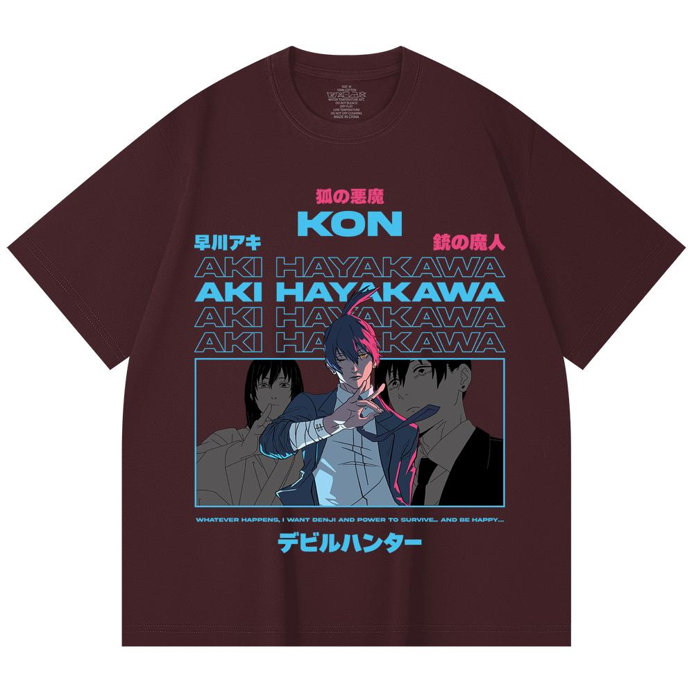 

230 Gsm 100% Cotton Chainsaw Man V38 Aki Print Unisex Heavy Cotton T Shirt 2XL вина червоного кольору