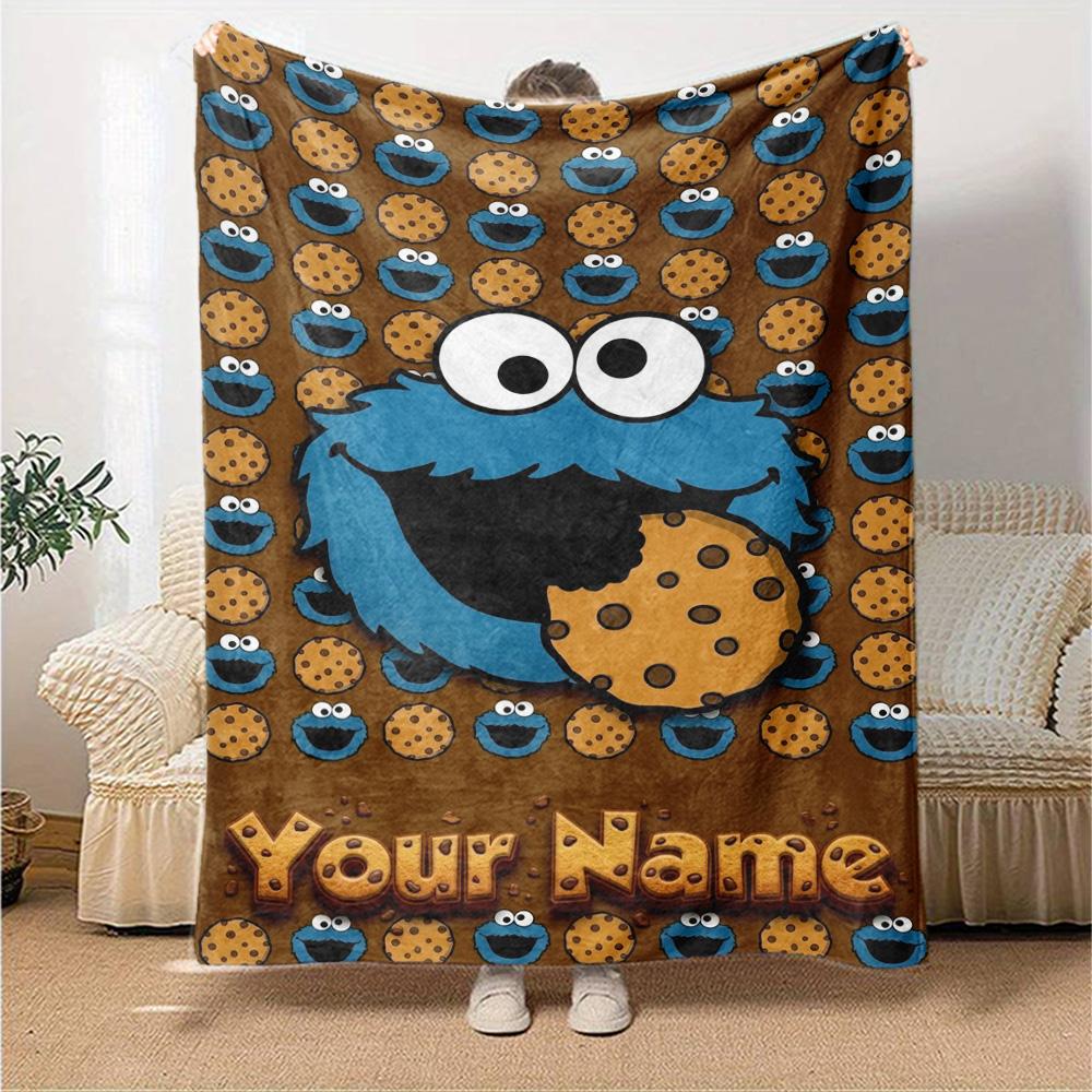 Name Custom Cookie Monster Cartoon Print Flannel Blanket High Quality Warm Comfortable Cover for All Seasons Perfect for Gifts Home Decor