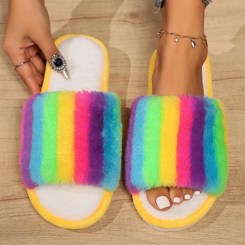 Fashion Mix Color Plush Home Slippers for Women 2025 Winter Open Toe Anti Slip Cotton Slippers Woman Indoor Flat Heel Plush Slides Lady