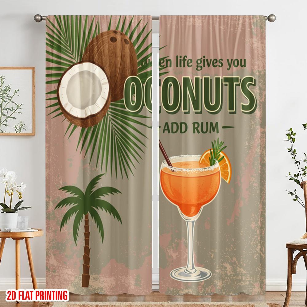 2pcs 2D Flat Printing Scene Curtains Coconut Life Rum Cocktail Polyester Without Electricity Festive Curtains Perfect for Photo