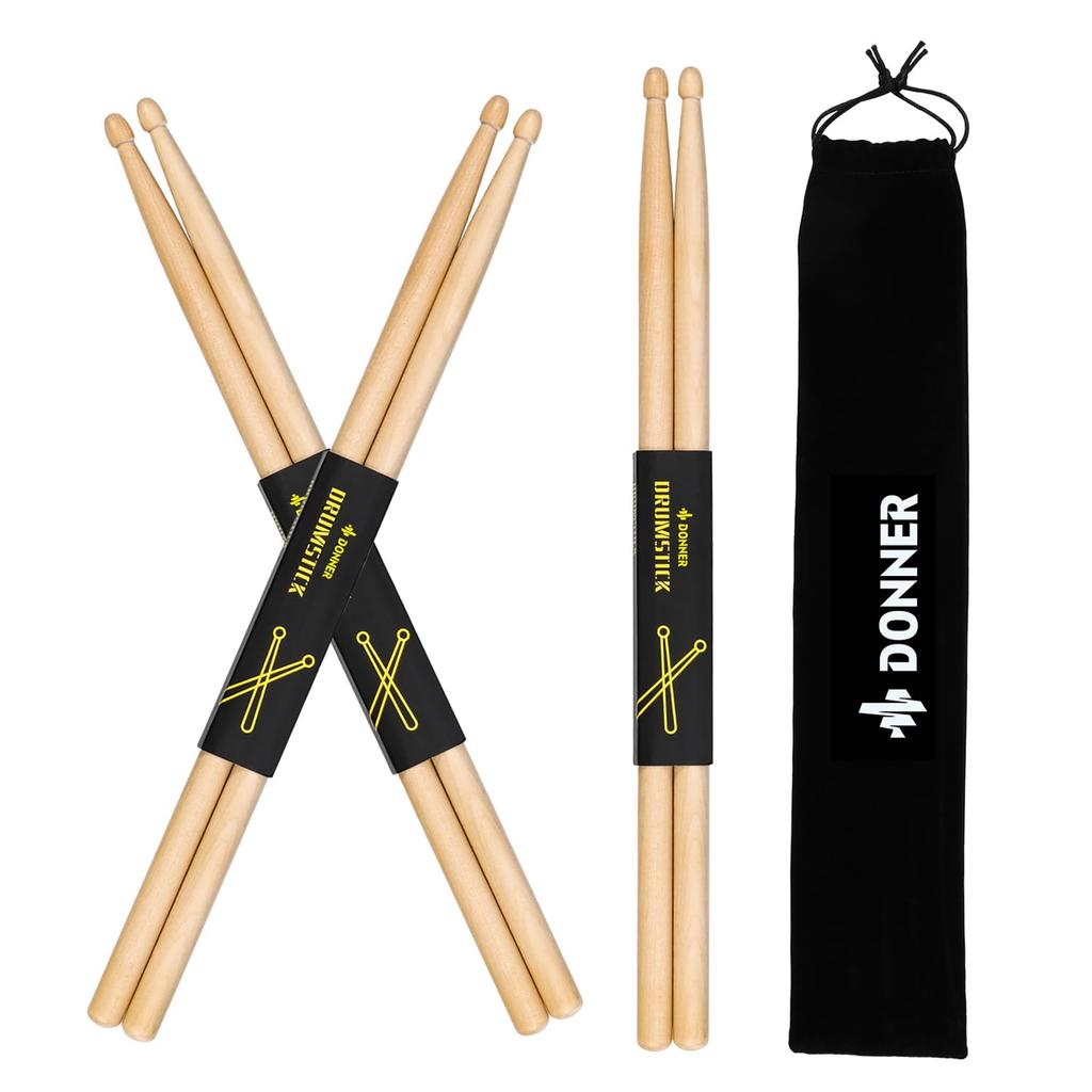 Donner 5A Maple Drum Snare Percussion Practice Sticks for Includes Birthday Gift Drumsticks, 3-Pair Set, Wood, Pad, Drum, Sticks, Beginners, Bag,