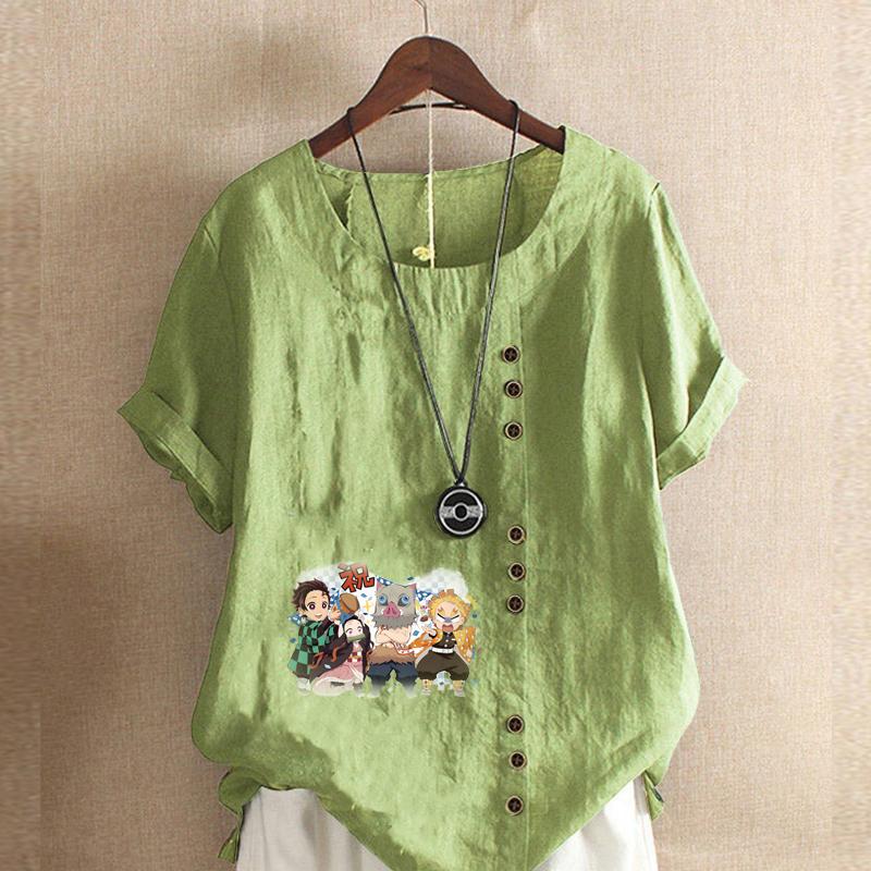 Women's Fashion Round Neck Short Sleeve T-shirt Casual Cotton Linen Graphic Shirt Leisure Loose Cartoon Characters Prined Summer Blouse Tops
