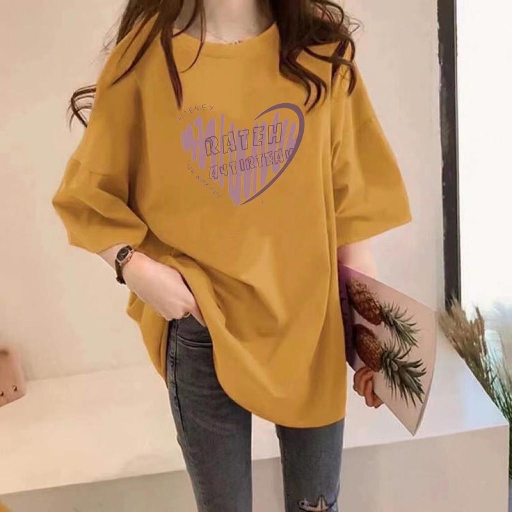 Women Plus Size Cotton T-Shirt Summer Short Sleeve Heart Print Mid-Long Loose Casual Pullover Top For 200lbs