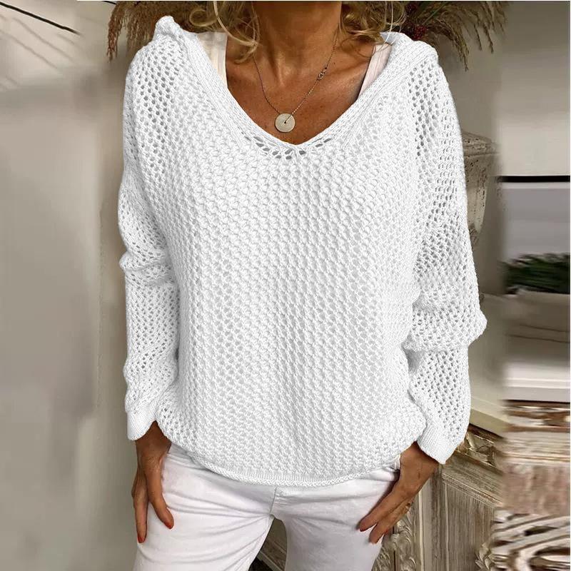 Women's Light Gray Hooded Knitted Sweater with Hollow Weave V Neck, Multiple Colors