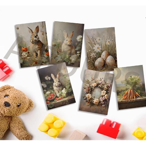 6Pcs Retro Bunny Easter Canvas Wall Art Easter Eggs Wreath Posters Prints Paintings Rustic Countryside farmhouse Pictures Wall Decor for Living Room