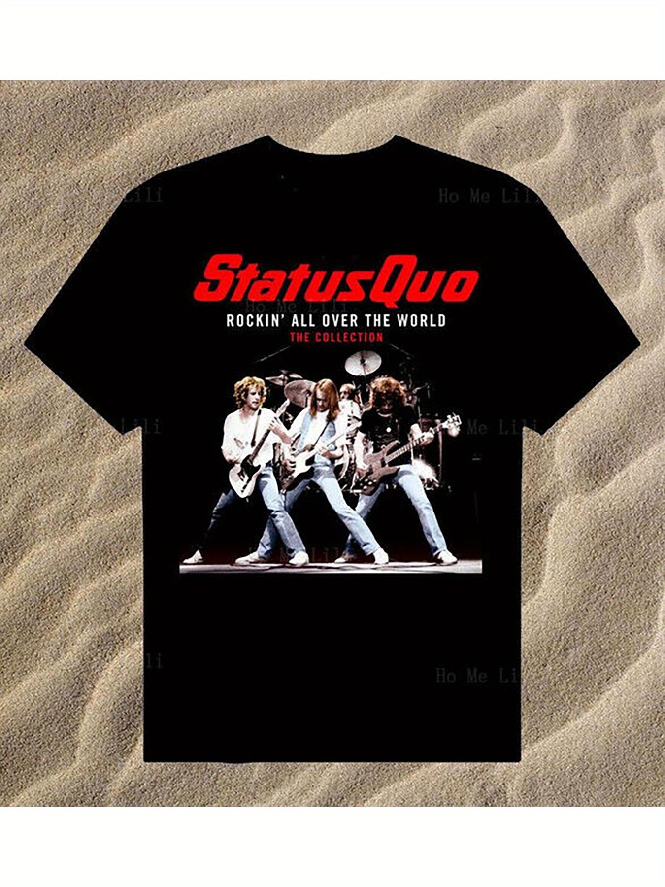 Status Quo 2023 'Rock Around The World' Grafik-T-Shirt - ein schwarzes lässiges T-Shirt mit Rundhalsausschnitt, das Bandmitglieder und Gitarrendesigns zeigt 2XL bunt