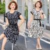 Elegant Printed Chiffon Dress for Middle-Aged Women with Cinched Waist and Short Sleeves