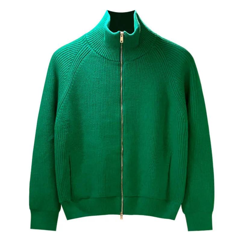 

Мужская осенне-зимняя однотонная теплая вязаная куртка с высоким воротом и длинными рукавами XS зелёный