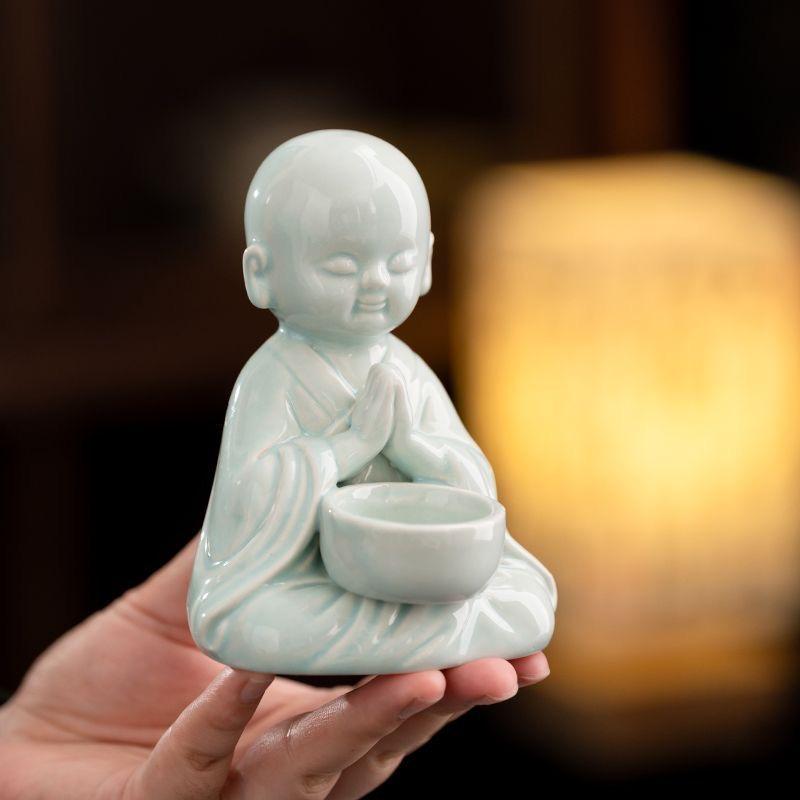 Portacandele Monachino Zen in Ceramica Carino, Statuetta Decorativa Arredamento per la Casa