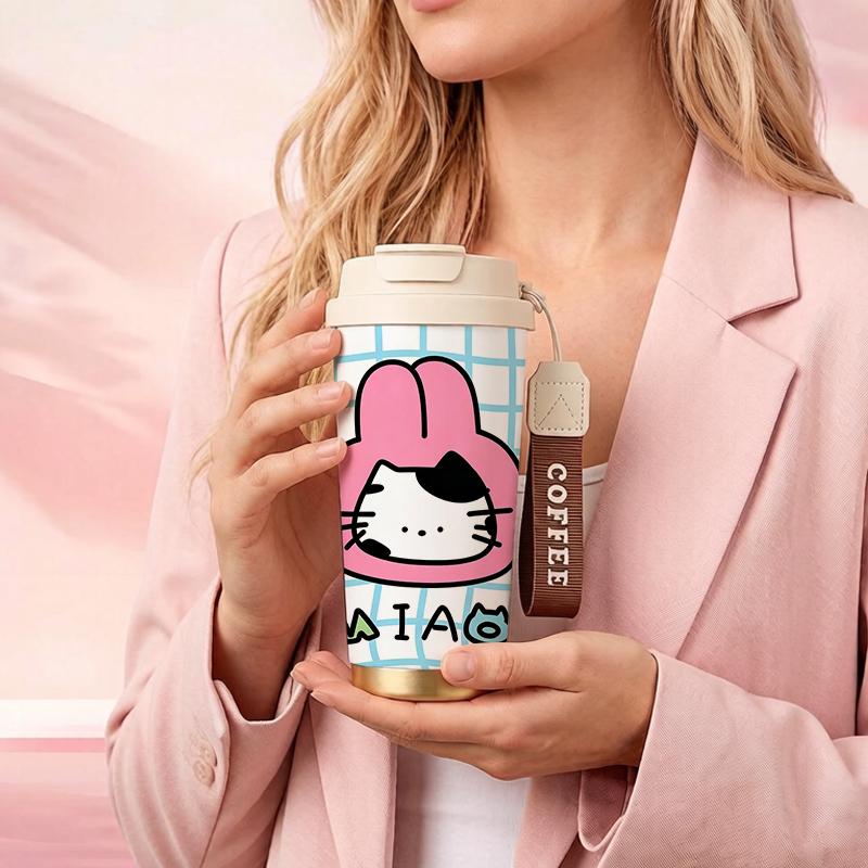 Coffee Mug 532ml Bunny Ear Cat Element Lanyard Insulated Cup Hot Cold Cup Lightweight Cup Handheld Cup Large Capacity Cup
