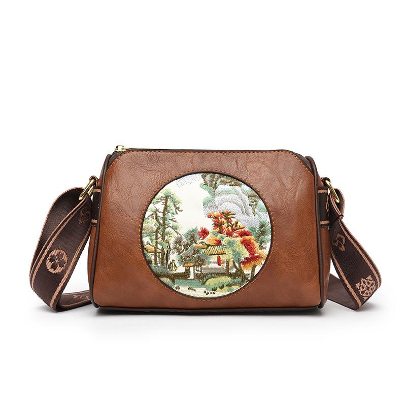 New Literary and Artistic Shoulder Bag Retro Embroidery Line Landscape Painting Mother Mobile Phone Bag Fashionable Multi-layer Crossbody Bag