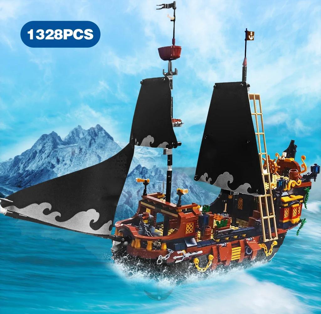 1424PCS Black Pirate Ship Building Blocks Skeleton Pearl Boat Model Assembly Bricks Toys Desktop Decoration Kids Birthday Gifts