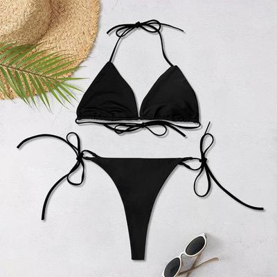2025 Neue einfarbige separate Strandbekleidung für Damen, sexy Neckholder-Dreipunkt-Bikini, rückenfrei, verstellbarer Schnürbadeanzug