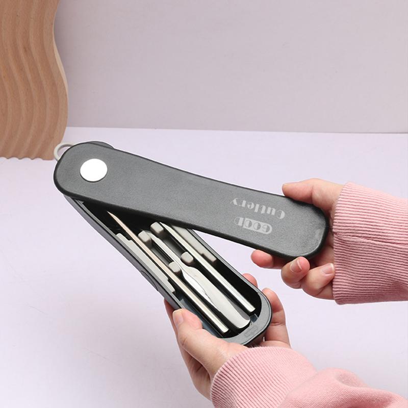 Cuțit, lingură, furculiță și betisoare din oțel inoxidabil cu cutie, set portabil de veselă, tacâmuri pentru studenți și muncitori, veselă pentru picnic