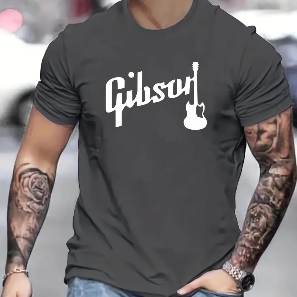 Men's Summer 100% Polyester Fashionable Casual Loose Large Gibson Guitar Printed Sports Round Neck Short Sleeve T-shirt Top