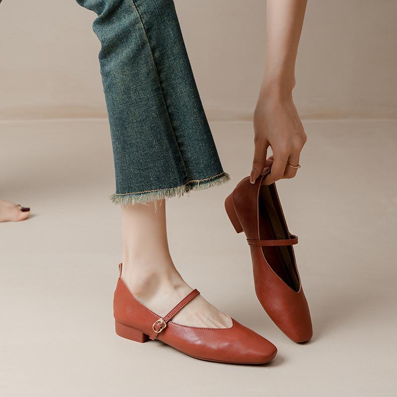 Kožené babičkovské boty na silném podpatku s páskem Mary Jane, francouzská čtvercová špička, dámské boty na středním podpatku, nové jarní a podzimní univerzální dámské boty