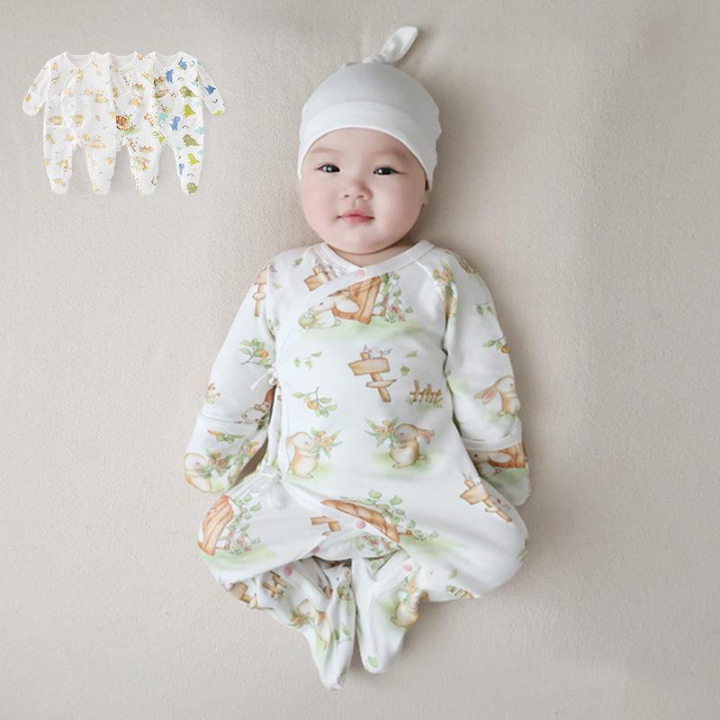 Pure Cotton Baby Bodysuit with Hand and Foot Covers, All-Season Newborn Romper, Baby Monk Outfit