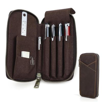 Contacts Family Crazy Horse Leather Multi Stationery Pouch - Hand-sewn Craftsmanship Small Pencil Case Pen Holder 4 Pens Mechanical Lead Student ID